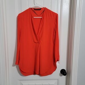 Zara Woman Red Orange Flowy V-neck Long Sleeve Women's Top size XS